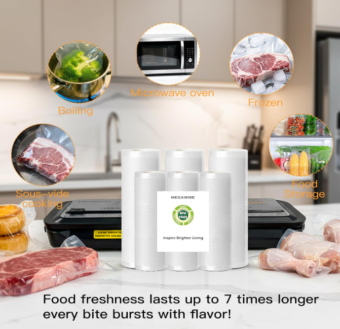 MEGAWISE Embossed Vacuum Sealer Rolls, BPA-Free Food Storage Bags