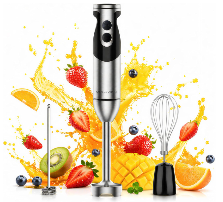 MegaWise 3‑in‑1 Immersion Hand Blender, 12‑Speed Titanium Stainless Steel Stick Blender with Whisk & Milk Frother