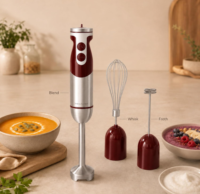 MegaWise 3-in-1 Hand Blender Set with Variable Speed Control, 400W Immersion Blender - Includes Whisk, Milk Frother, Chopper, and Beaker for Smoothies, Soups, and Baby Food
