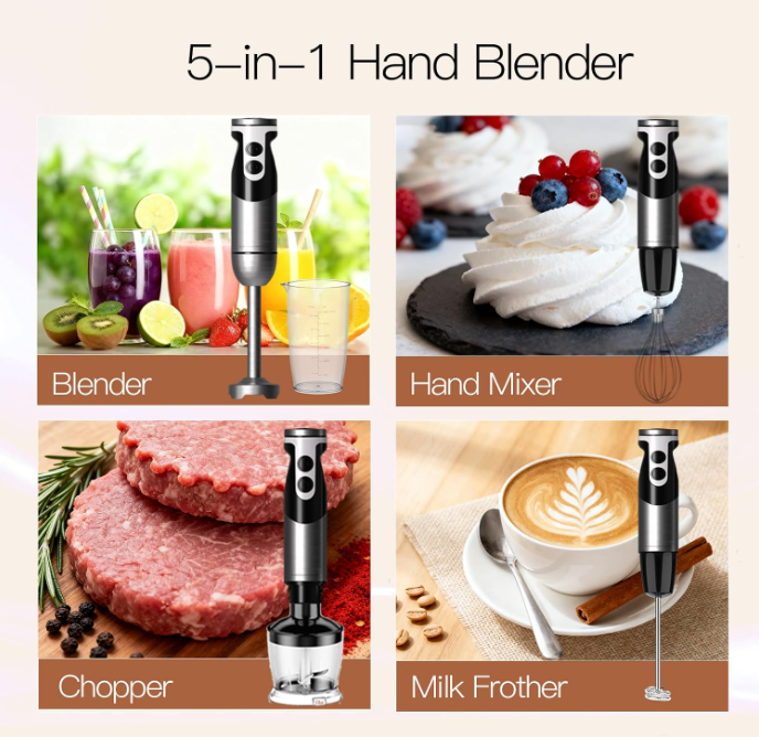MEGAWISE 1000W Hand Blender, Multi-Attachment Immersion Blender with Chopper