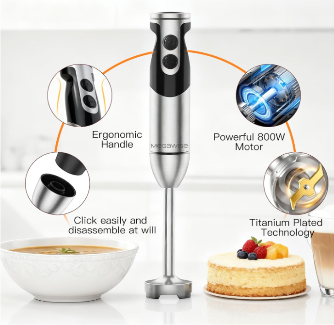 MegaWise 3‑in‑1 Immersion Hand Blender, 12‑Speed Titanium Stainless Steel Stick Blender with Whisk & Milk Frother