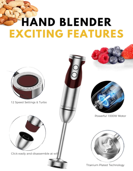 MEGAWISE Immersion Blender,12-Speed Hand Blender with Stainless Steel Blade
