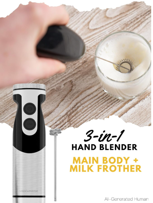 MegaWise 3‑in‑1 Immersion Hand Blender, 12‑Speed Titanium Stainless Steel Stick Blender with Whisk & Milk Frother