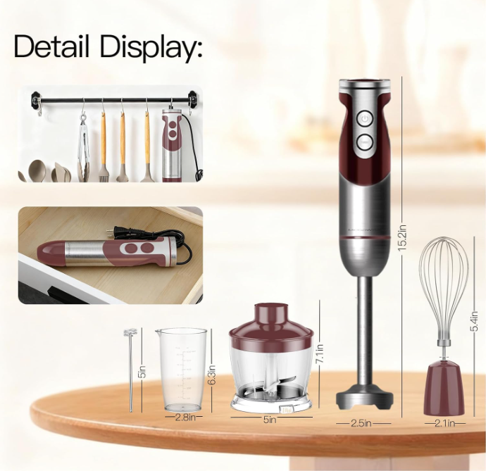 MegaWise 5-in-1 Hand Blender Set with Variable Speed Control, 400W Immersion Blender - Includes Whisk, Milk Frother, Chopper, and Beaker for Smoothies, Soups, and Baby Food