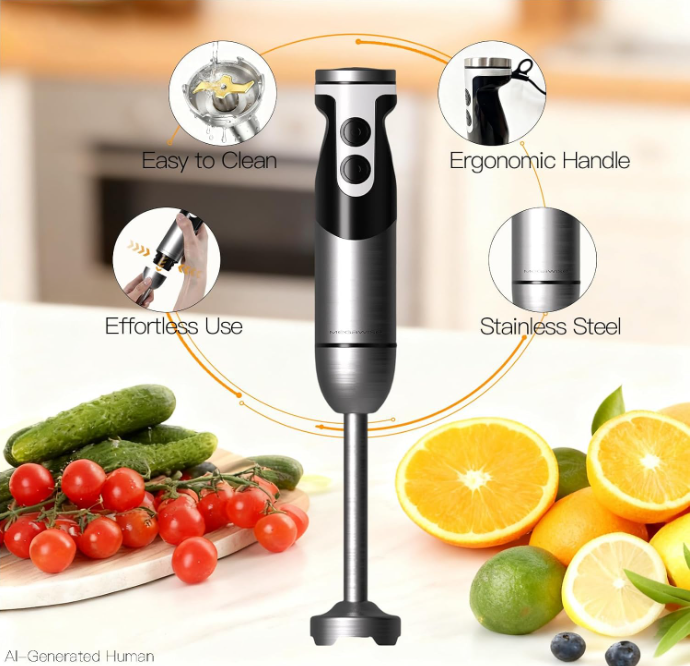 MEGAWISE 1000W Hand Blender, Multi-Attachment Immersion Blender with Chopper