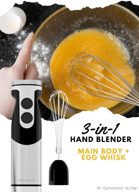 MegaWise 3‑in‑1 Immersion Hand Blender, 12‑Speed Titanium Stainless Steel Stick Blender with Whisk & Milk Frother