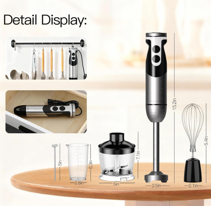 MEGAWISE 1000W Hand Blender, Multi-Attachment Immersion Blender with Chopper