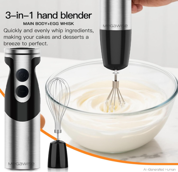 MegaWise 3‑in‑1 Immersion Hand Blender, 12‑Speed Titanium Stainless Steel Stick Blender with Whisk & Milk Frother
