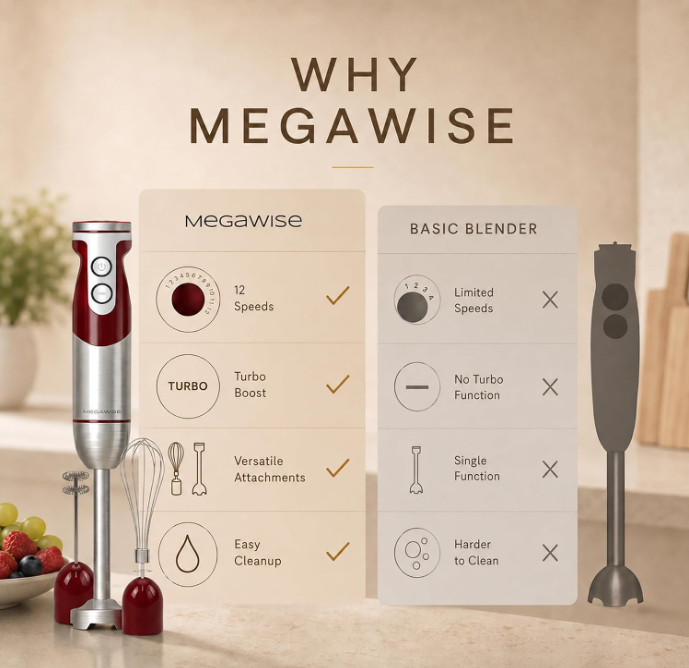 MegaWise 3-in-1 Hand Blender Set with Variable Speed Control, 400W Immersion Blender - Includes Whisk, Milk Frother, Chopper, and Beaker for Smoothies, Soups, and Baby Food