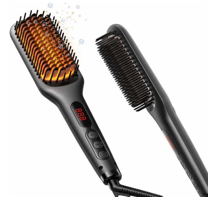 MEGAWISE Hair Straightener Brush, Ionic Ceramic Hair Straightening Brush for Frizzy Thick Hair, Heated Straightening Brush with MCH Fast Heat-Up, Anti-Scald, Auto Shutoff, Dual Voltage
