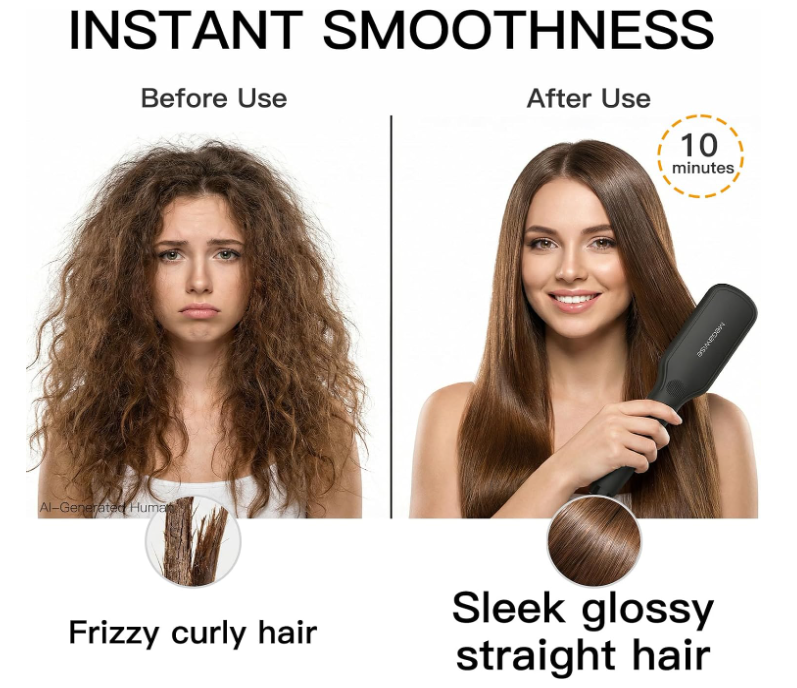 MEGAWISE Hair Straightener Brush, Ionic Ceramic Hair Straightening Brush for Frizzy Thick Hair, Heated Straightening Brush with MCH Fast Heat-Up, Anti-Scald, Auto Shutoff, Dual Voltage