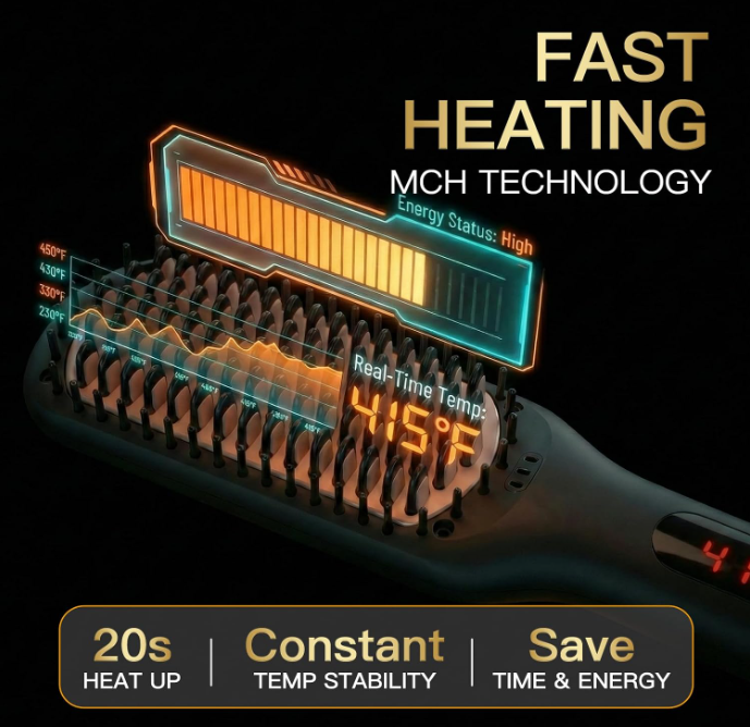 MEGAWISE Hair Straightener Brush, Ionic Ceramic Hair Straightening Brush for Frizzy Thick Hair, Heated Straightening Brush with MCH Fast Heat-Up, Anti-Scald, Auto Shutoff, Dual Voltage