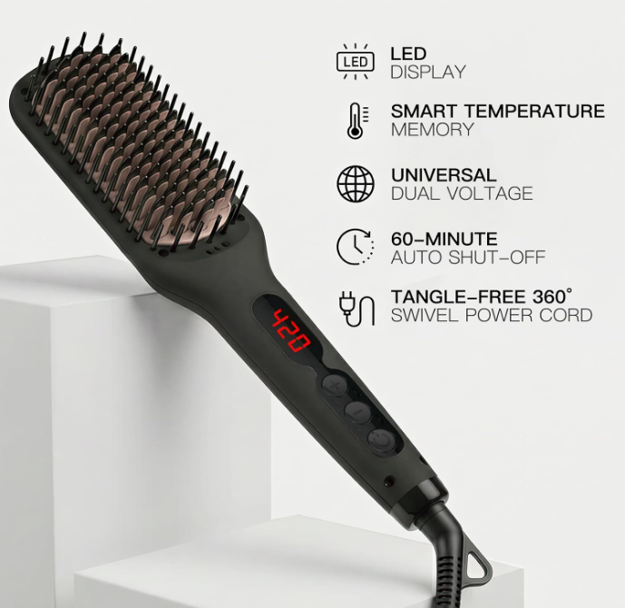 MEGAWISE Hair Straightener Brush, Ionic Ceramic Hair Straightening Brush for Frizzy Thick Hair, Heated Straightening Brush with MCH Fast Heat-Up, Anti-Scald, Auto Shutoff, Dual Voltage