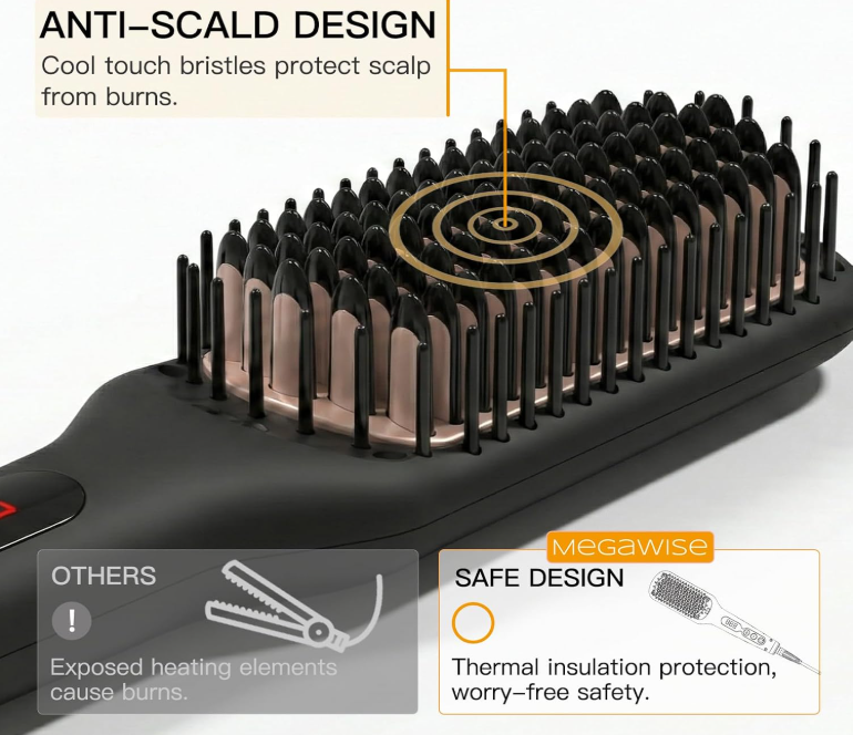 MEGAWISE Hair Straightener Brush, Ionic Ceramic Hair Straightening Brush for Frizzy Thick Hair, Heated Straightening Brush with MCH Fast Heat-Up, Anti-Scald, Auto Shutoff, Dual Voltage
