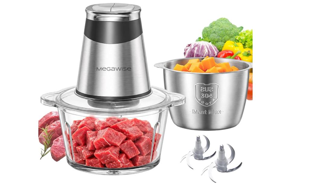 MEGAWISE Electric Food Chopper 800W, Dual-Speed Meat Grinder with1.2L 304# Stainless Steel Bowl & 2.2L Glass Bowl, BPA-Free Food Processor for Meat, Vegetables, and Nuts