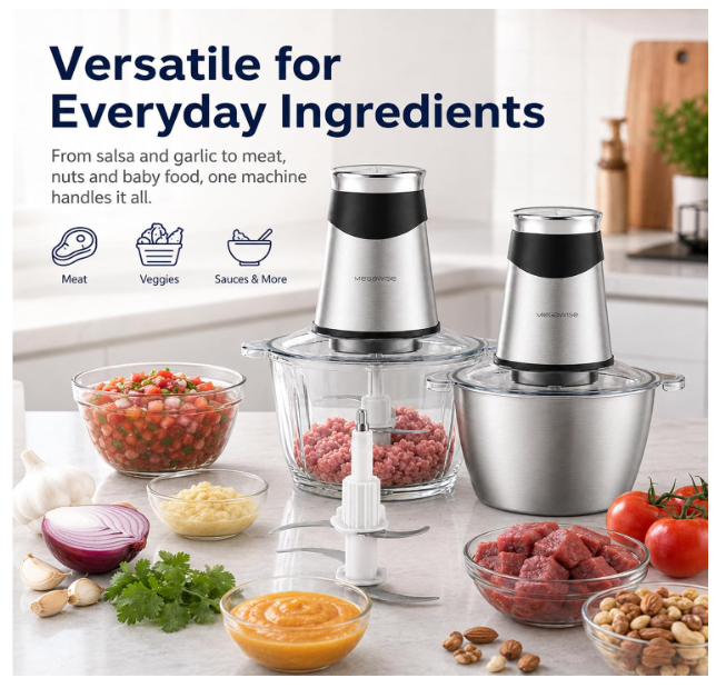 MEGAWISE Electric Food Chopper 800W, Dual-Speed Meat Grinder with1.2L 304# Stainless Steel Bowl & 2.2L Glass Bowl, BPA-Free Food Processor for Meat, Vegetables, and Nuts