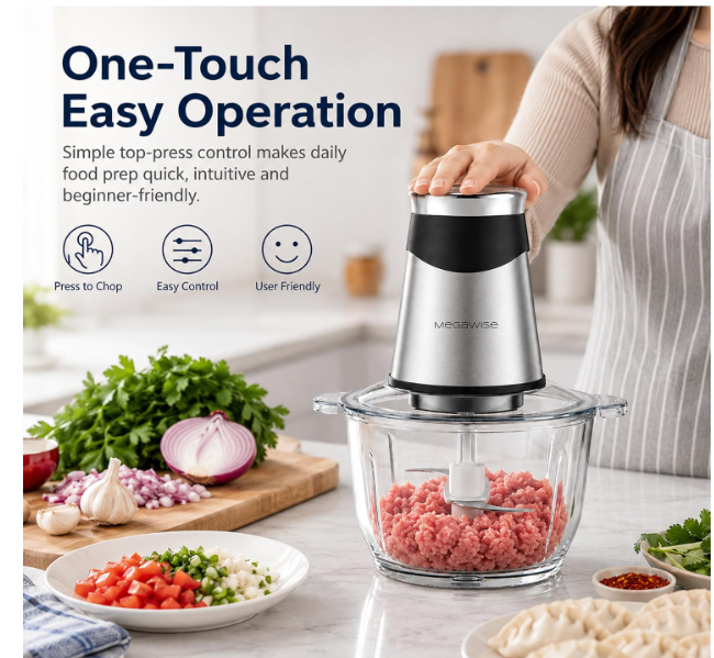 MEGAWISE Electric Food Chopper 800W, Dual-Speed Meat Grinder with1.2L 304# Stainless Steel Bowl & 2.2L Glass Bowl, BPA-Free Food Processor for Meat, Vegetables, and Nuts