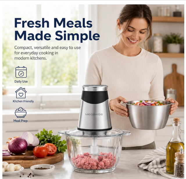 MEGAWISE Electric Food Chopper 800W, Dual-Speed Meat Grinder with1.2L 304# Stainless Steel Bowl & 2.2L Glass Bowl, BPA-Free Food Processor for Meat, Vegetables, and Nuts