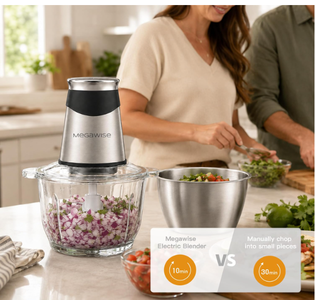 MEGAWISE Electric Food Chopper 800W, Dual-Speed Meat Grinder with1.2L 304# Stainless Steel Bowl & 2.2L Glass Bowl, BPA-Free Food Processor for Meat, Vegetables, and Nuts