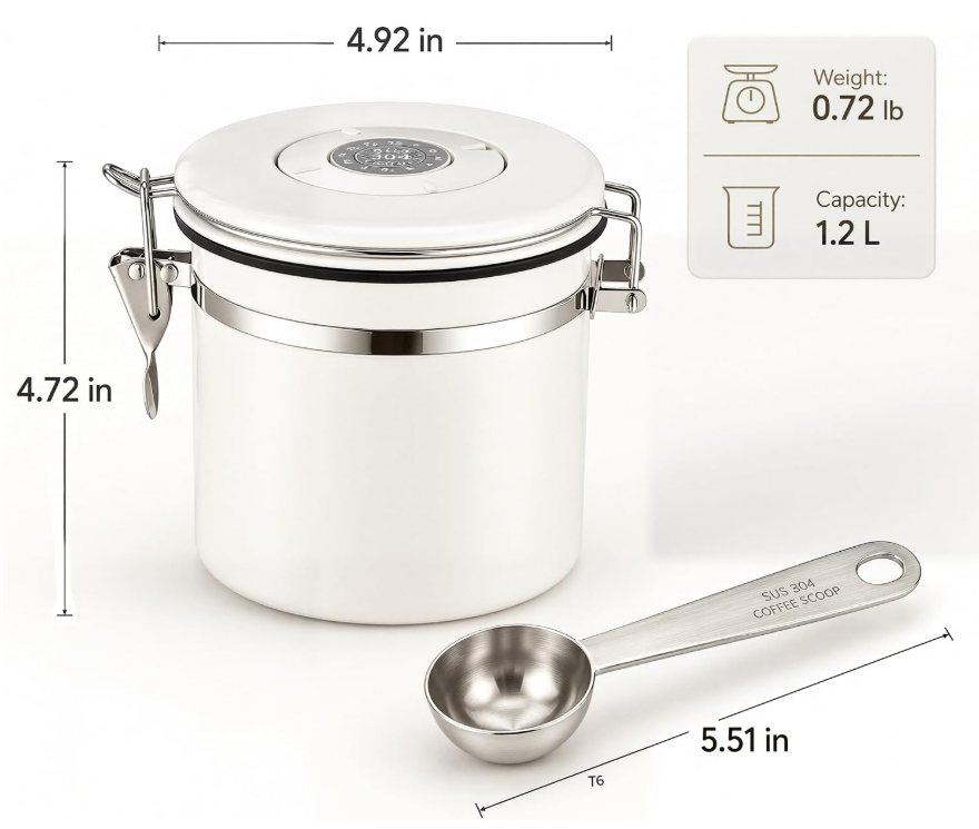 MEGAWISE 1.2L Airtight Coffee Canister with Degassing Valve & Scoop