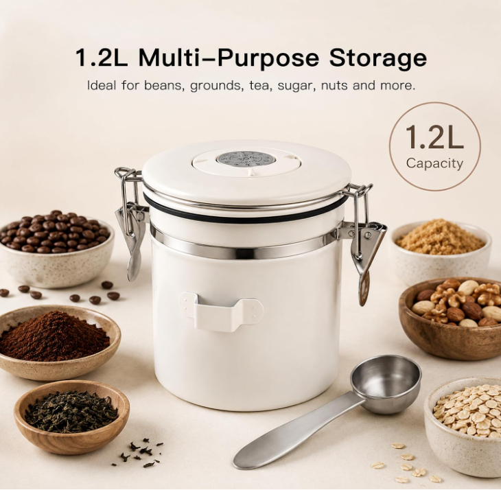 MEGAWISE 1.2L Airtight Coffee Canister with Degassing Valve & Scoop