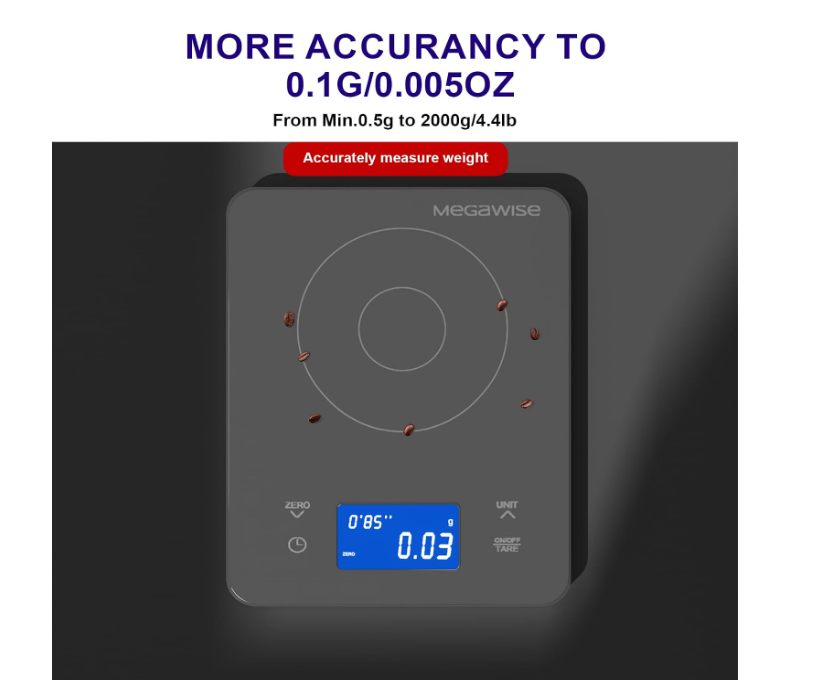 MEGAWISE Coffee Scale with Timer, 0.1g, 2kg, Pour Over & Espresso