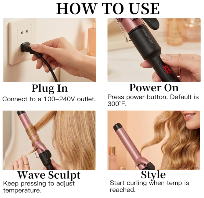 MEGAWISE Ceramic Curling Iron, Adjustable Temp Dual Voltage Hair Curler