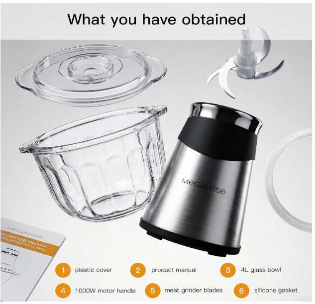 MEGAWISE 500W Electric Food Chopper, 4L Glass Bowl Meat Grinder for Kitchen