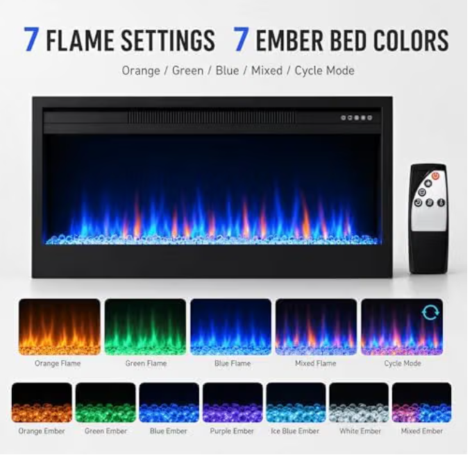 MEGAWISE 43-Inch Built-in Electric Fireplace Insert, 1400W, Remote, Black