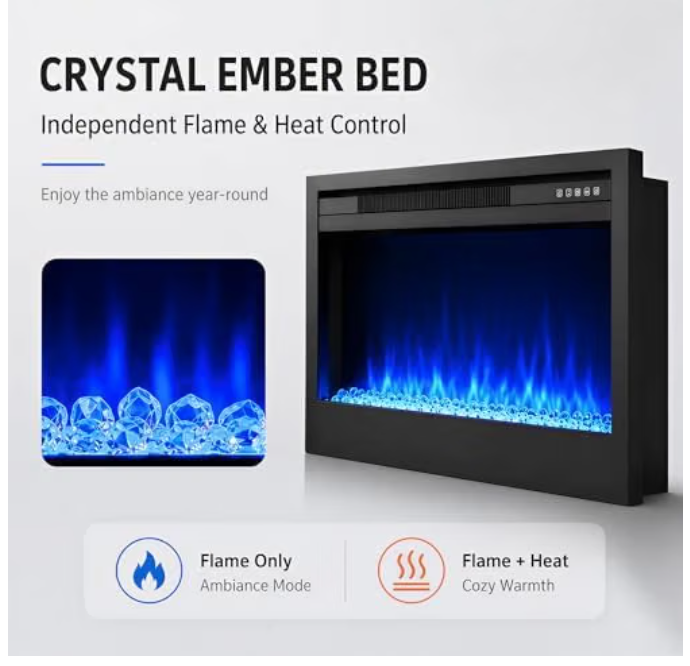 MEGAWISE 43-Inch Built-in Electric Fireplace Insert, 1400W, Remote, Black
