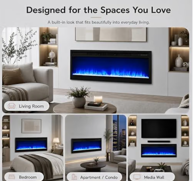 MEGAWISE 43-Inch Built-in Electric Fireplace Insert, 1400W, Remote, Black