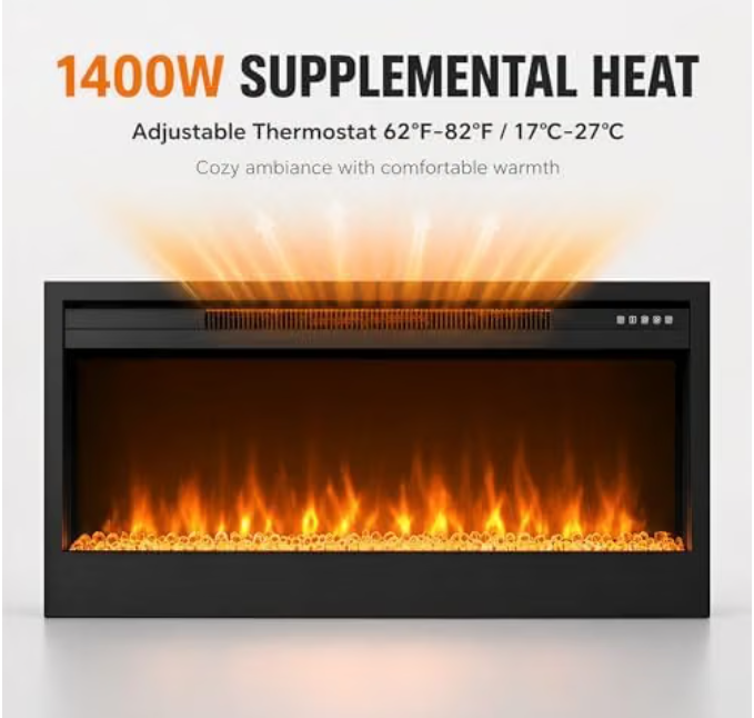MEGAWISE 43-Inch Built-in Electric Fireplace Insert, 1400W, Remote, Black