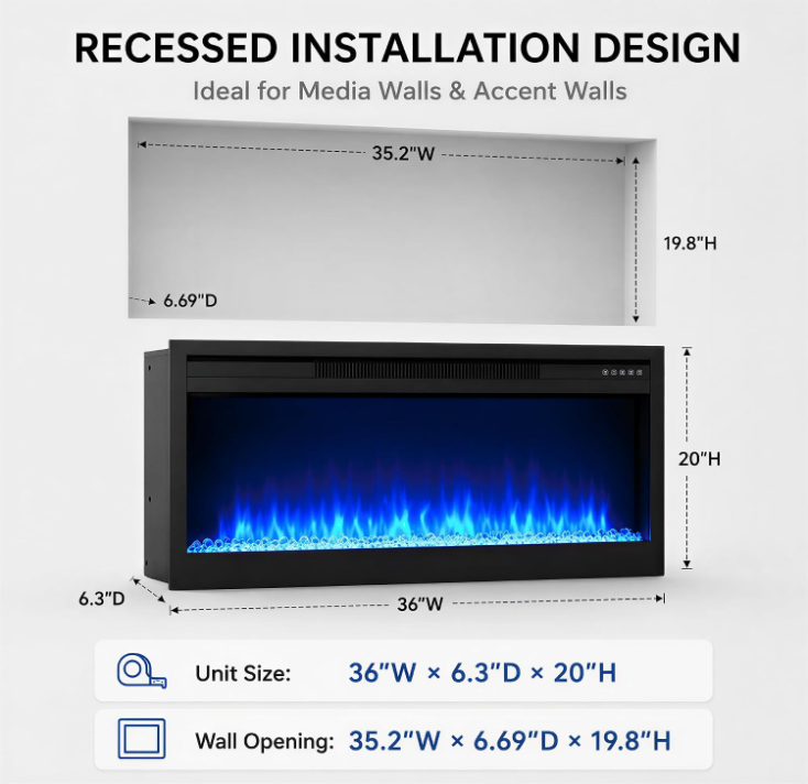 MEGAWISE 43-Inch Recessed Electric Fireplace Insert, 1400W, Black