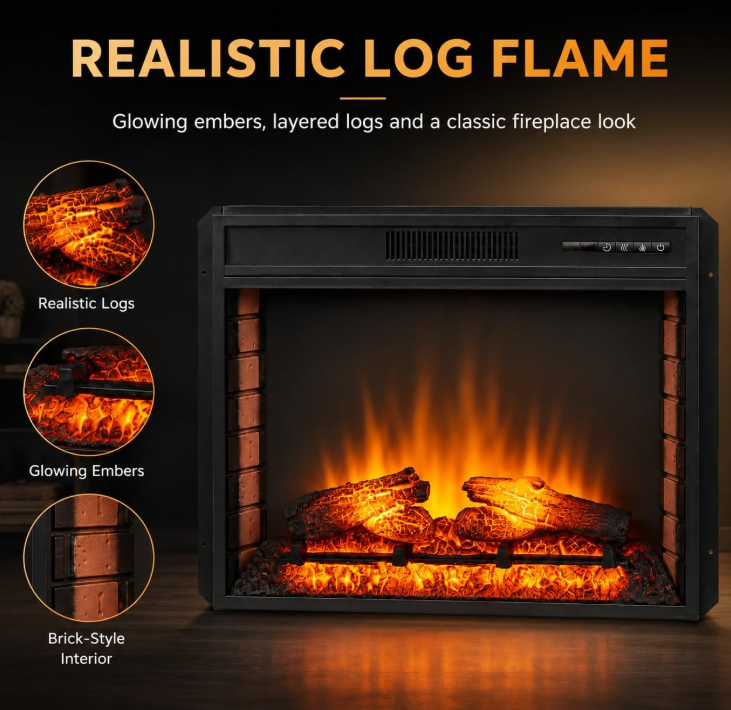 MEGAWISE Electric Fireplace Insert, 33-Inch Firebox, 1400W, Remote