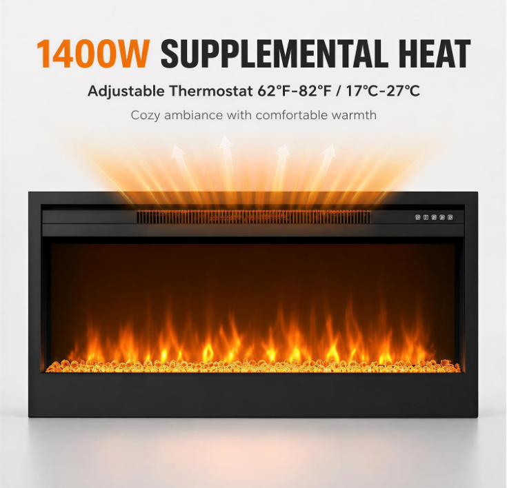 MEGAWISE 43-Inch Recessed Electric Fireplace Insert, 1400W, Black