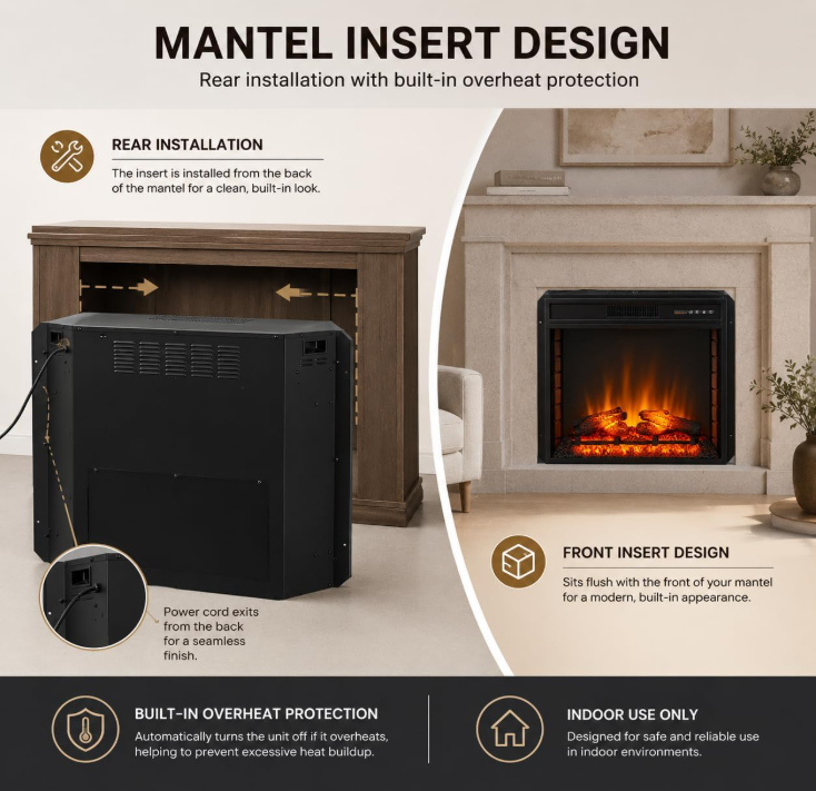 MEGAWISE Electric Fireplace Insert, 33-Inch Firebox, 1400W, Remote
