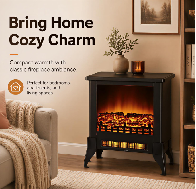 MEGAWISE Freestanding Electric Fireplace Stove, Realistic Flame for Bedroom
