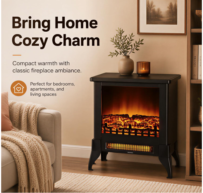MEGAWISE Freestanding Electric Fireplace Stove, Realistic Flame for Bedroom