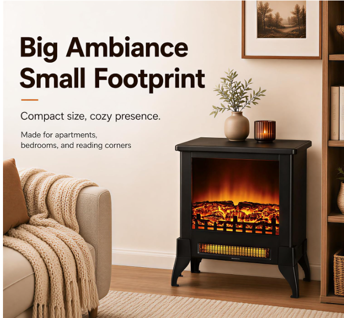 MEGAWISE Freestanding Electric Fireplace Stove, Realistic Flame for Bedroom