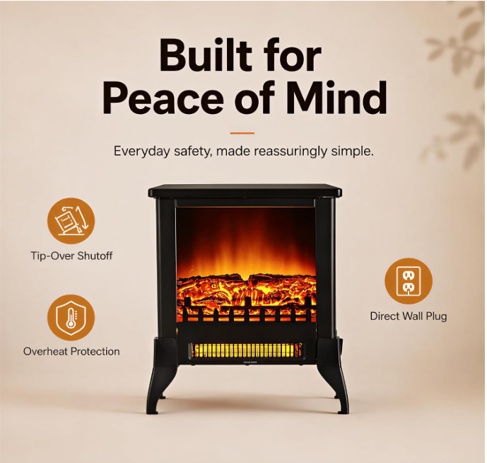 MEGAWISE Freestanding Electric Fireplace Stove, Realistic Flame for Bedroom