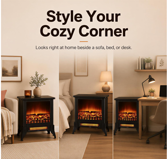 MEGAWISE Freestanding Electric Fireplace Stove, Realistic Flame for Bedroom