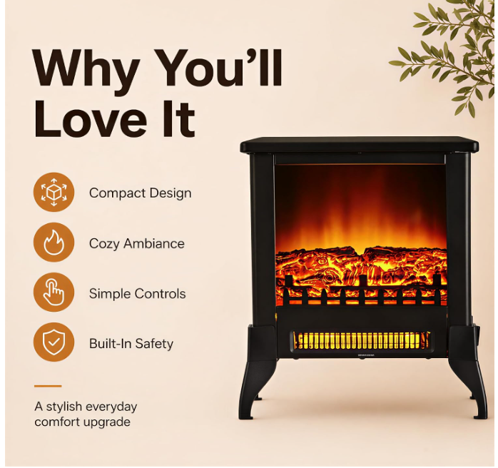MEGAWISE Freestanding Electric Fireplace Stove, Realistic Flame for Bedroom