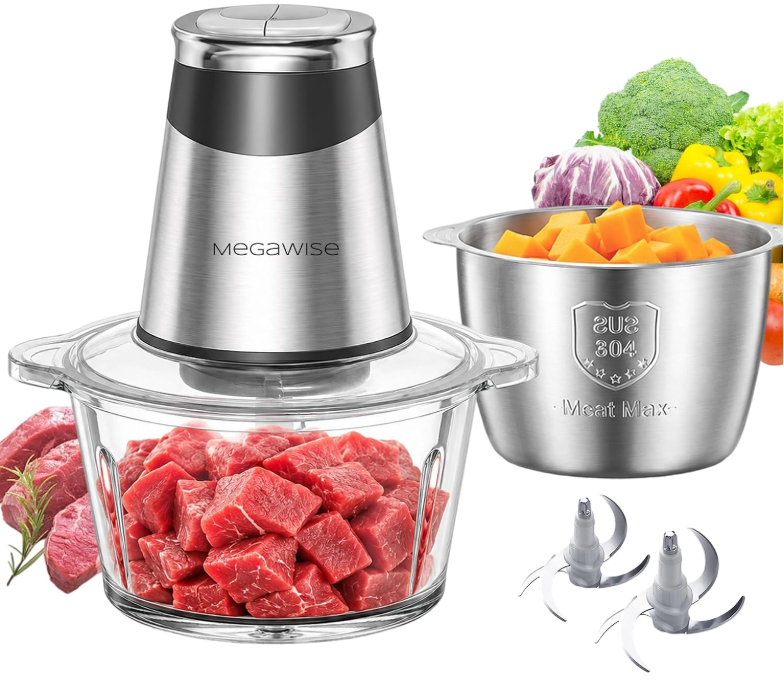 MEGAWISE Food Processor, 800W Electric Meat Grinder, 1.8L Stainless Steel Bowl & 1.8L Glass Bowl, Dual Speed Modes for Meat, Onion, Vegetables, Nuts, Fruits, Baby Food