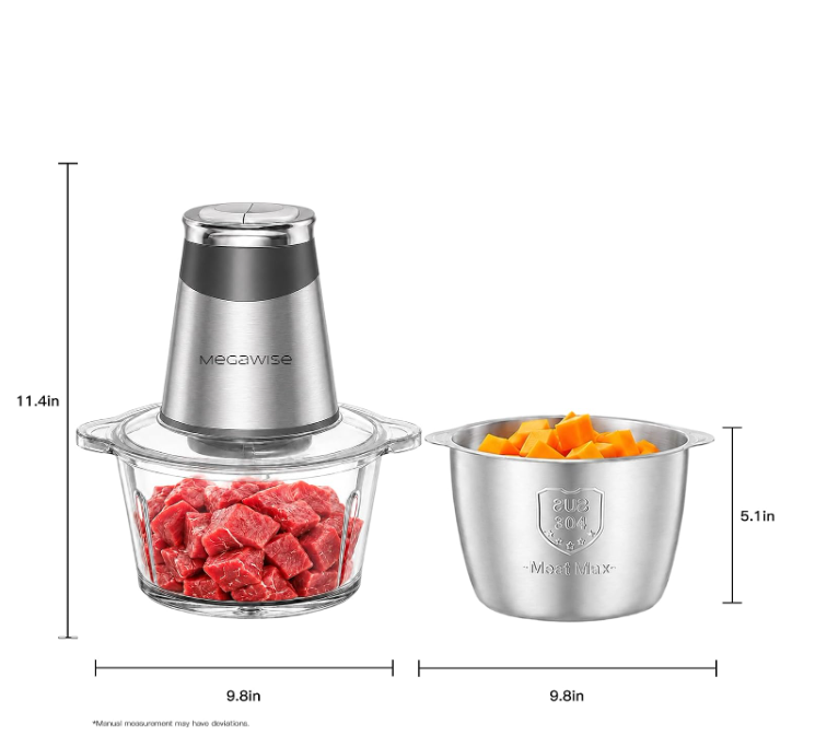 MEGAWISE Food Processor, 800W Electric Meat Grinder, 1.8L Stainless Steel Bowl & 1.8L Glass Bowl, Dual Speed Modes for Meat, Onion, Vegetables, Nuts, Fruits, Baby Food