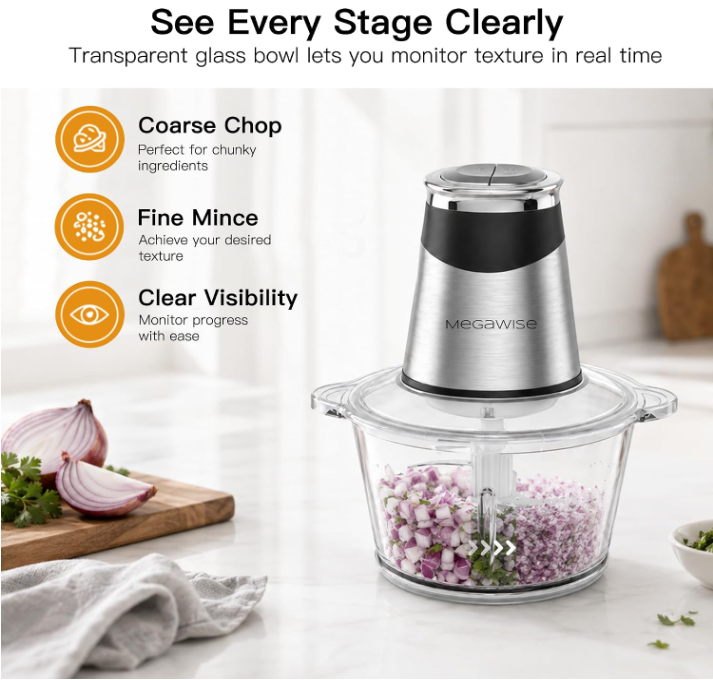 MEGAWISE Food Processor, 800W Electric Meat Grinder, 1.8L Stainless Steel Bowl & 1.8L Glass Bowl, Dual Speed Modes for Meat, Onion, Vegetables, Nuts, Fruits, Baby Food