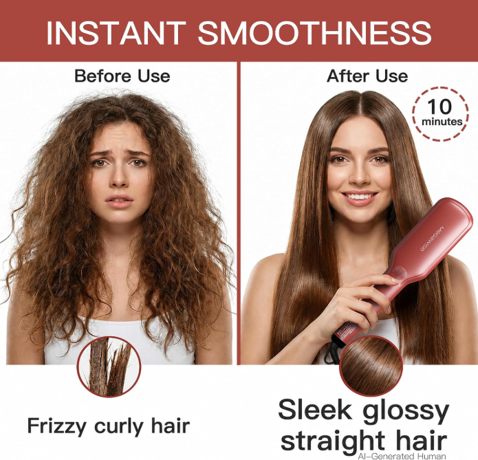 MEGAWISE Ceramic Ionic Hair Straightener Brush, Dual Voltage