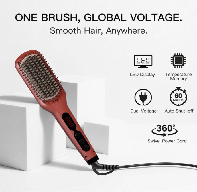 MEGAWISE Ceramic Ionic Hair Straightener Brush, Dual Voltage