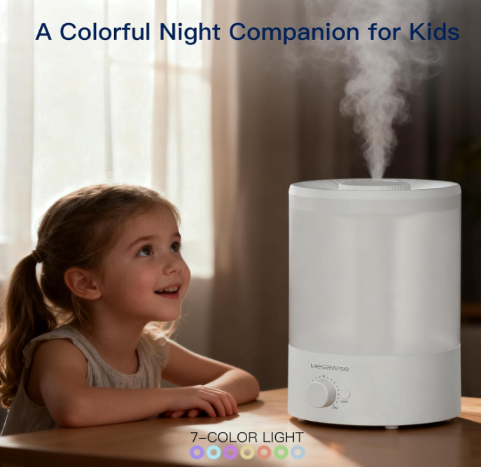 MEGAWISE 3.5L Cool Mist Humidifier – Ultra-Quiet Ultrasonic Vaporizer with Top-Fill Design, Essential Oil Diffuser, 7-Color Night Light & Auto Shut-Off