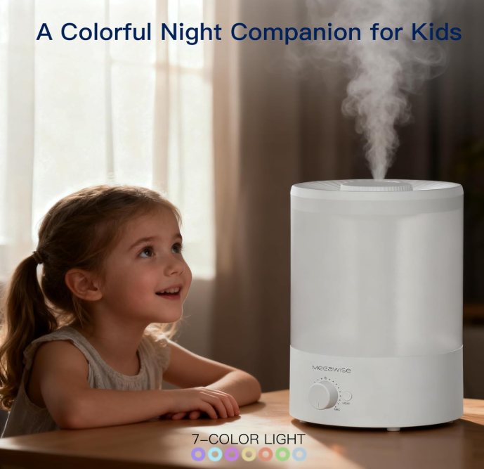 MegaWise Healthy Top-Refill Cool Mist Humidifiers for Bedroom, 24dB Ultrasonic Air Vaporizer with Water Filter for Baby [PP Material], Colorful Night Light,1 Gal Essential Oil Diffuser, Auto Shut Off
