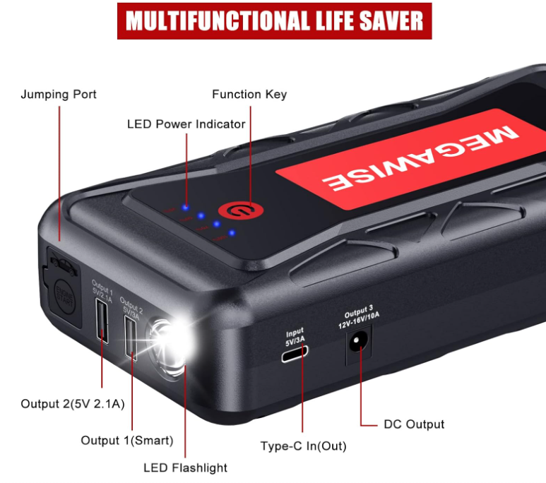 MEGAWISE 2500A 12V Jump Starter for 8.0L Gas/6.5L Diesel Engines